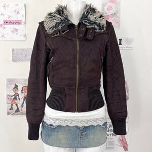 Vintage Chocolate Brown Faux Suede Fur Trim Bomber Jacket